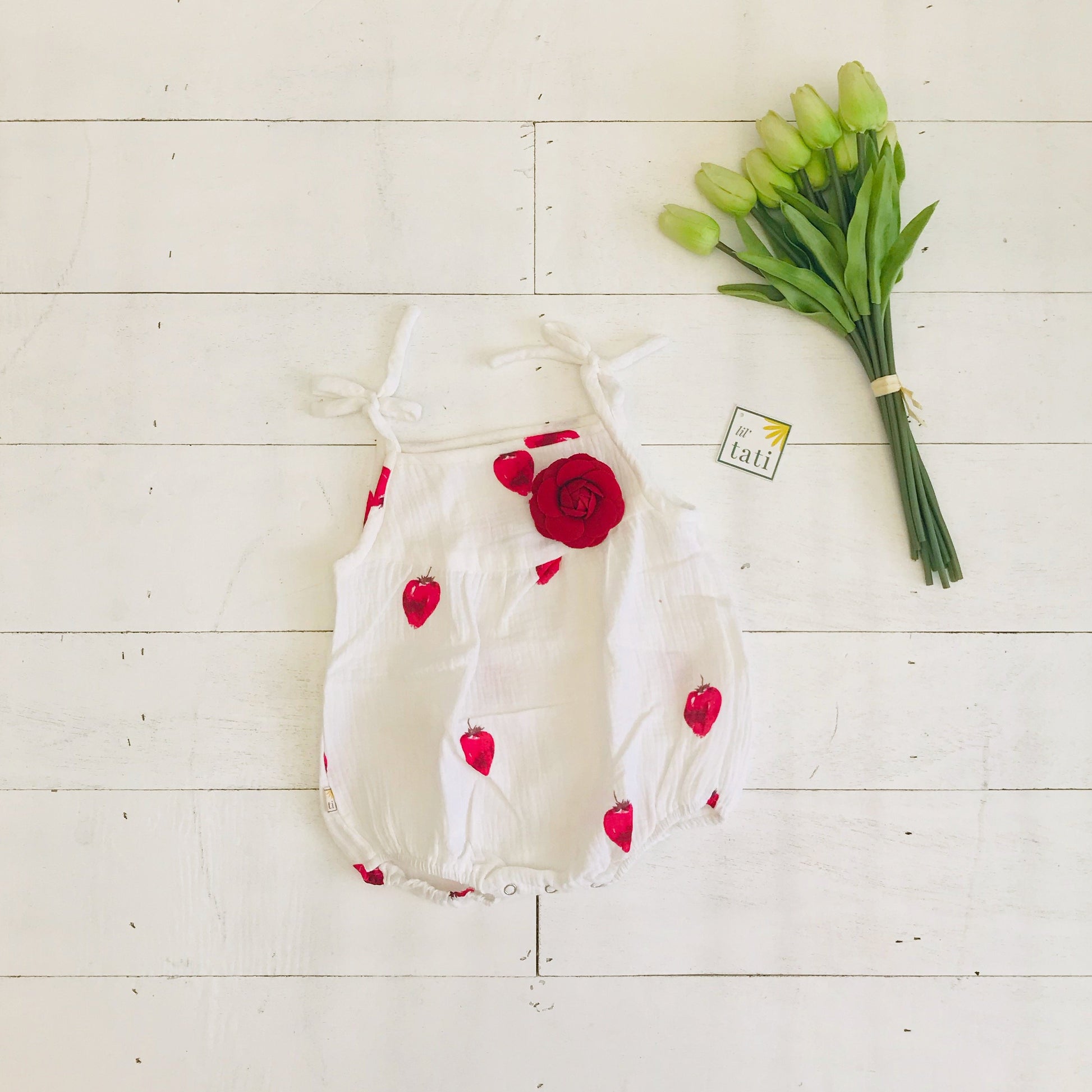 Lily Playsuit in Crepe - Strawberry White - Lil' Tati
