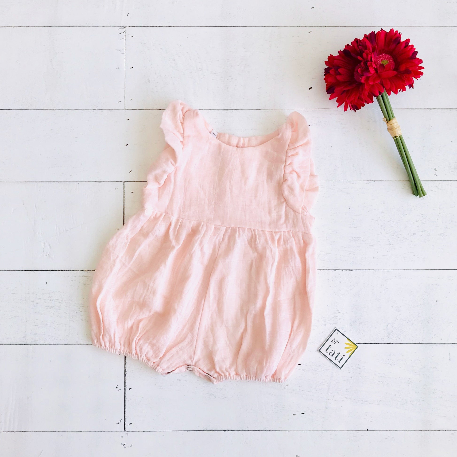 Orchid Playsuit - Ruffle Sleeves in Organic Muslin - Pink - Lil' Tati