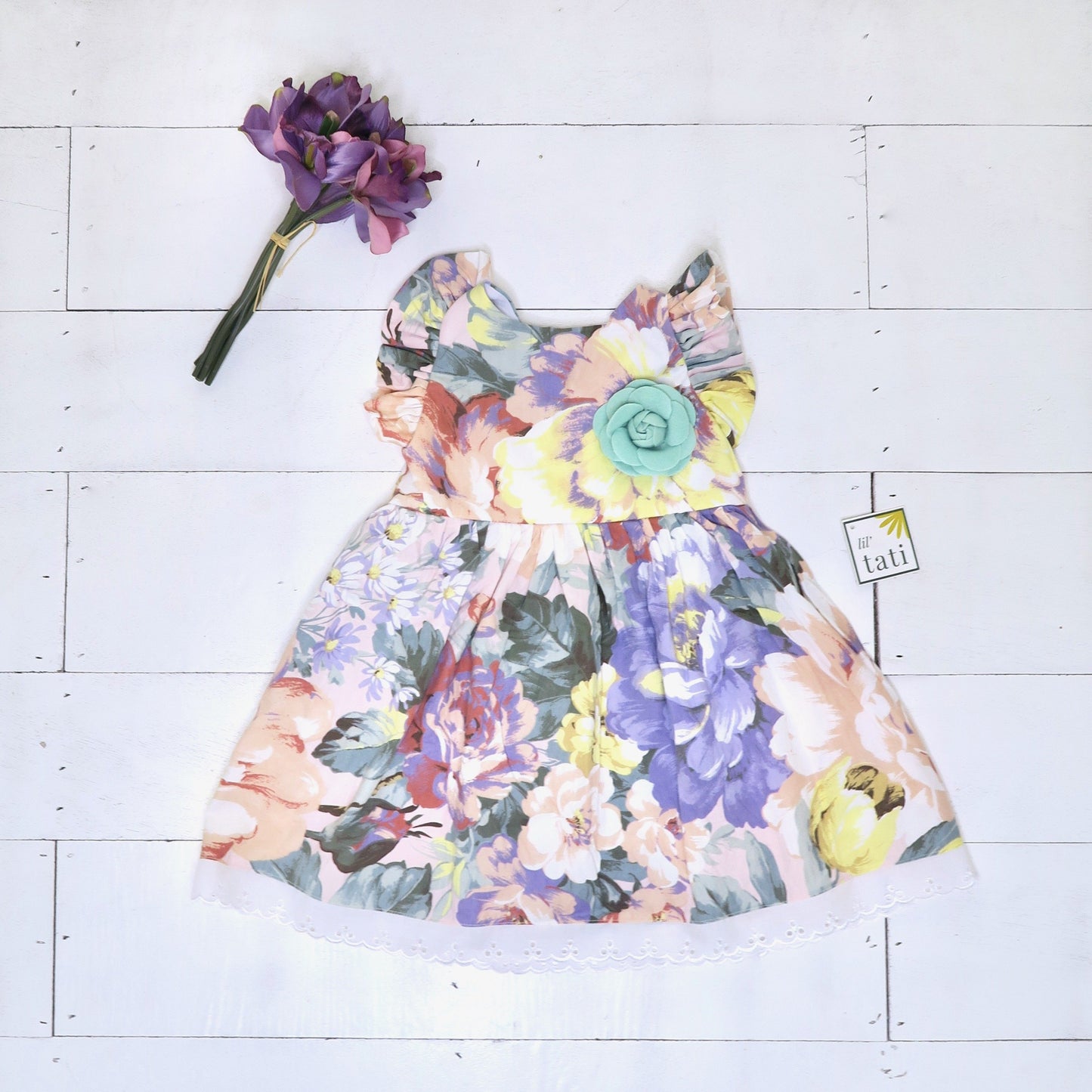 Periwinkle Dress in Pastel Peonies Print - Lil' Tati