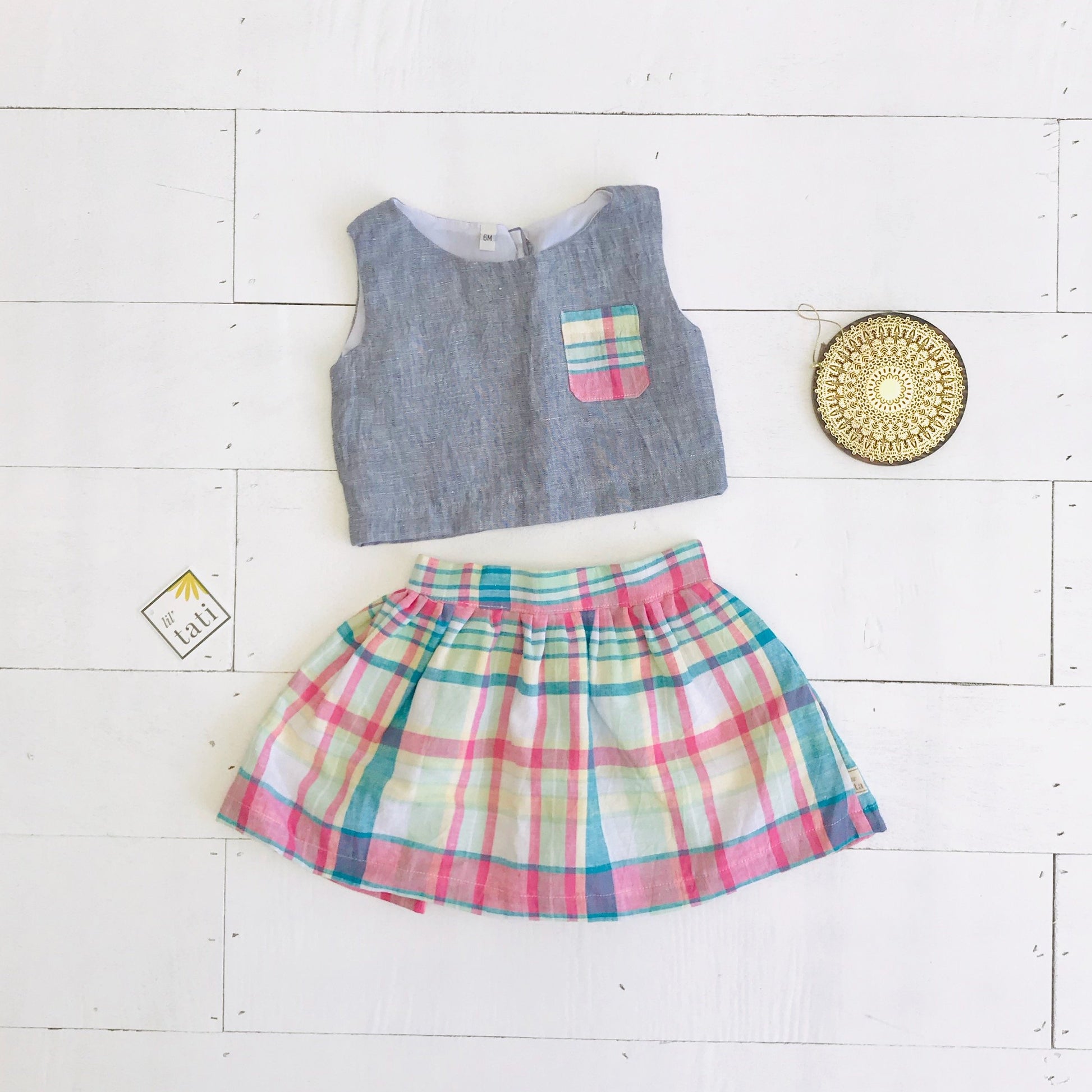 Sage Top and Skirt in Gray Linen & Bright Plaid - Lil' Tati